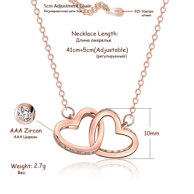 Collier pendentif cœur double, argent sterling 925, strass en or rose