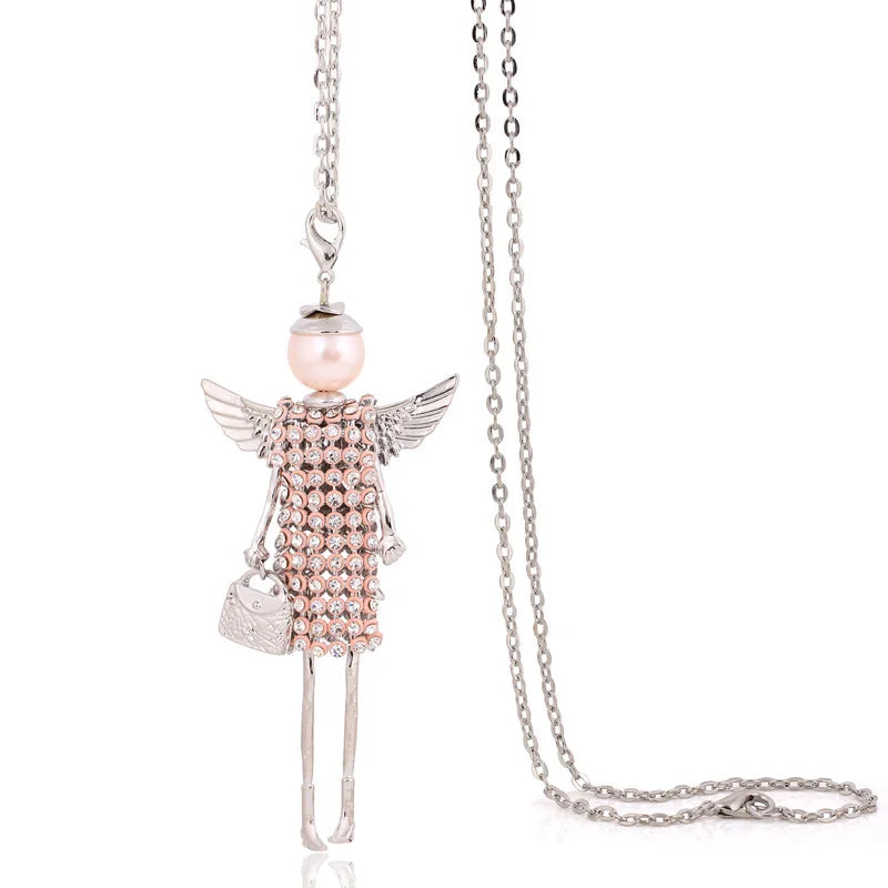 Collier long fait main avec chaîne CZ strass, pendentif en cristal