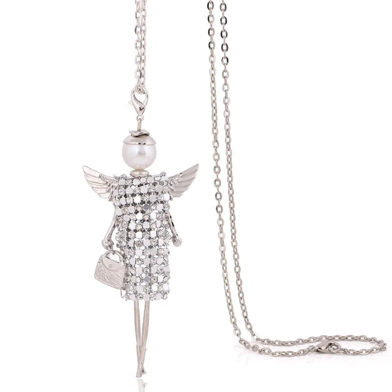 Collier long fait main avec chaîne CZ strass, pendentif en cristal