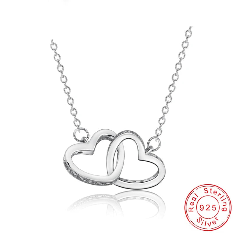 Collier pendentif cœur double, argent sterling 925, strass en or rose