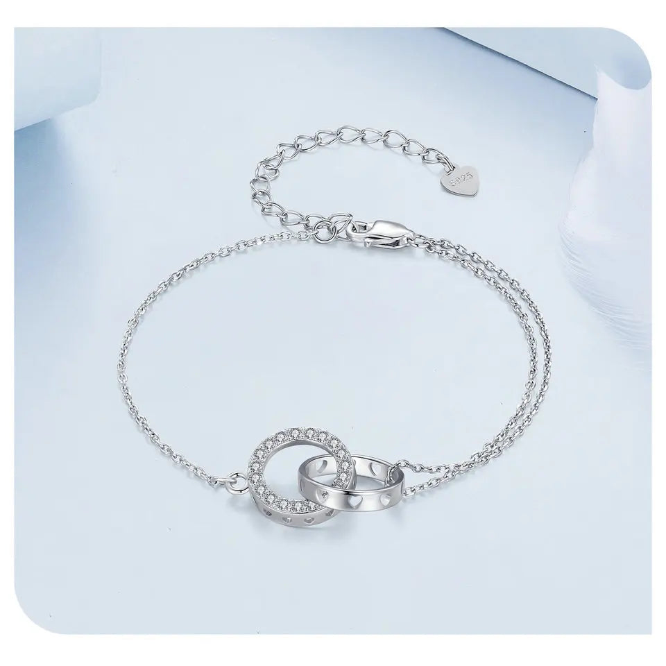 Bracelet  en argent sterling 925 à double cercle, chaîne ajustable, plaqué platine