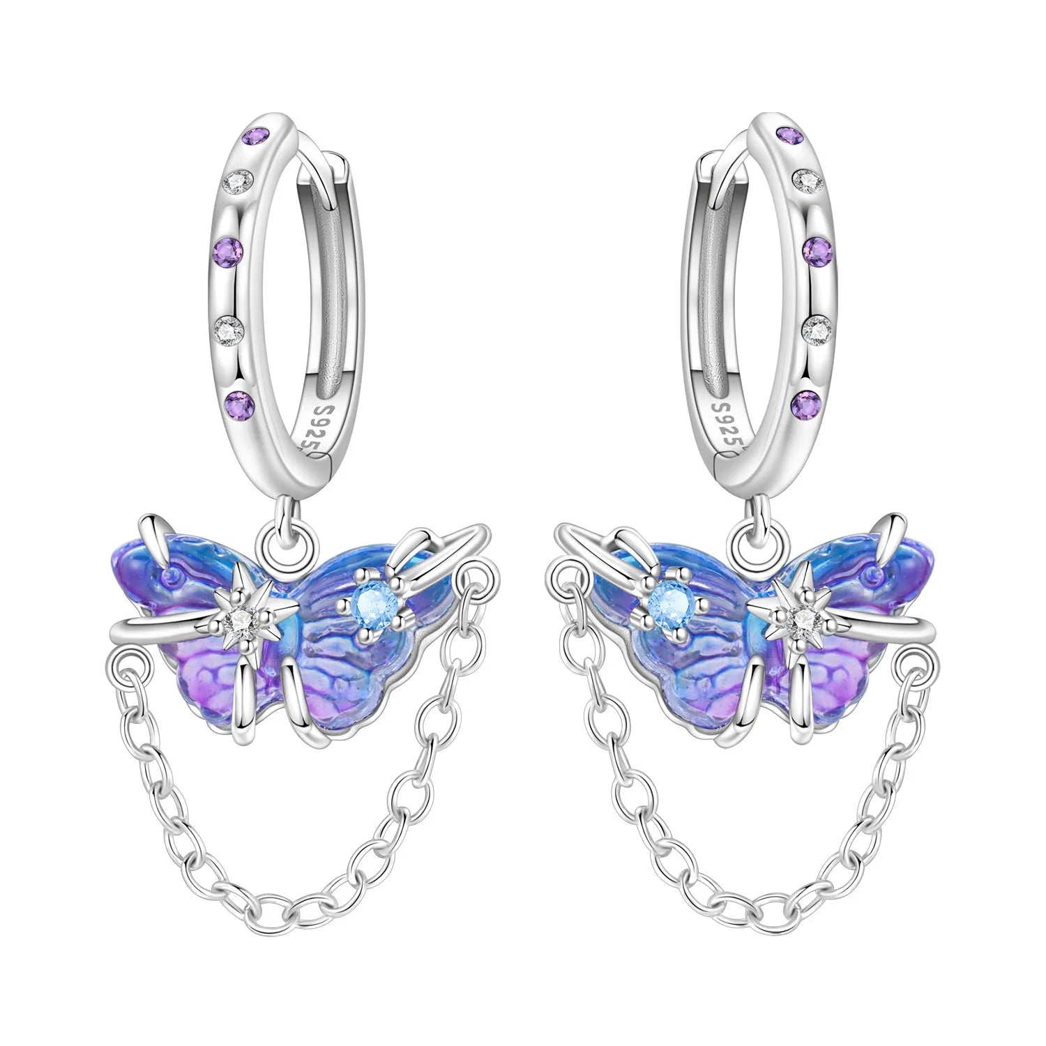Boucles d'oreilles pendantes oiseaux bleu violet en argent sterling 925