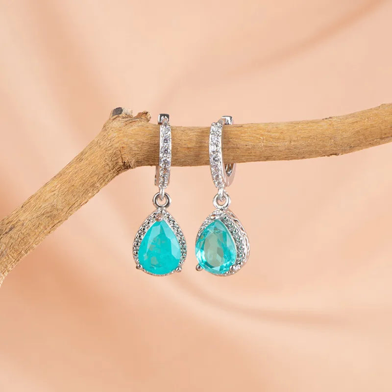 Boucles d'oreilles pendantes argent Sterling 925 en pierres précieuses tourmaline Paraiba brésilienne