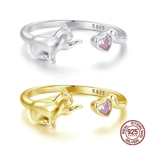 Bague ouverte en argent sterling 925 avec chat mignon