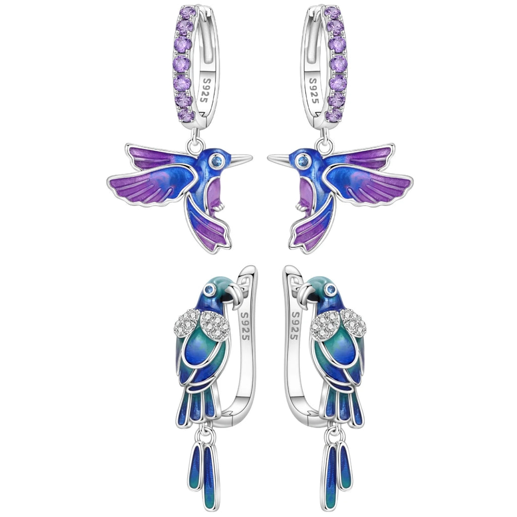 Boucles d'oreilles pendantes oiseaux bleu violet en argent sterling 925