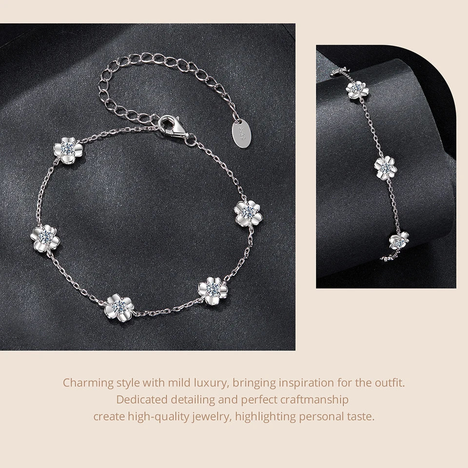 Bracelet en argent sterling 925 avec moissanite en forme de trèfle 0,5 Carat, chaîne à maillons de fleur réglable