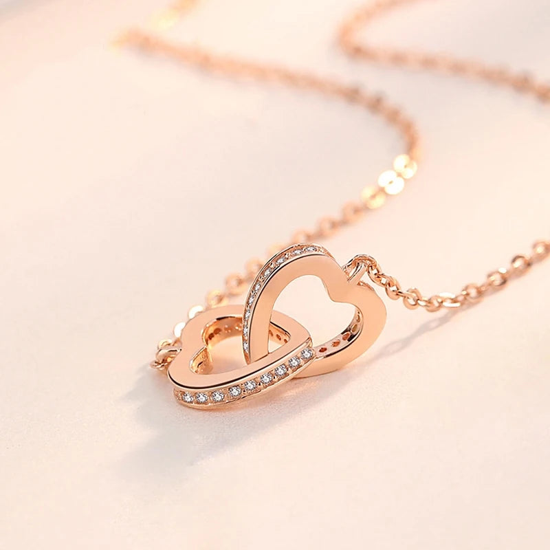 Collier pendentif cœur double, argent sterling 925, strass en or rose