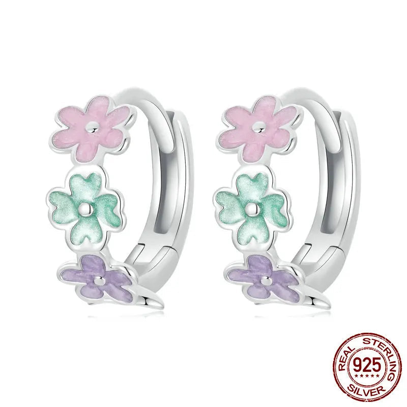 Boucles d'oreilles créoles à fleurs multicolores en argent sterling 925