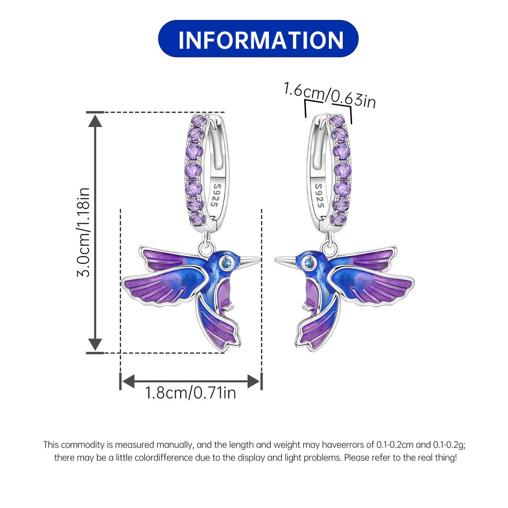 Boucles d'oreilles pendantes oiseaux bleu violet en argent sterling 925