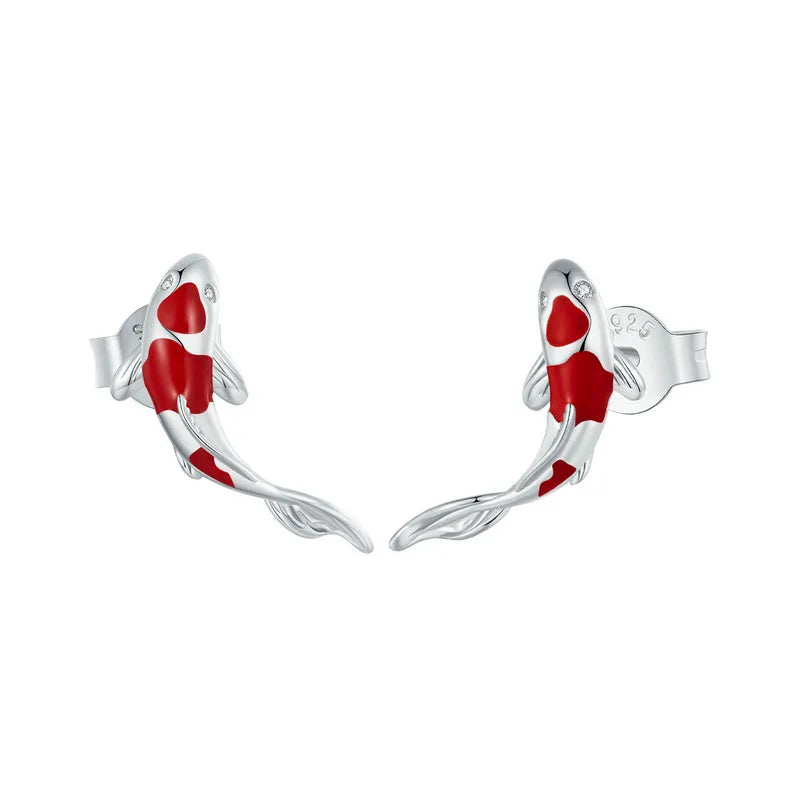 Boucles d'oreilles clous en argent sterling 925 avec poisson Koi carpe rouge