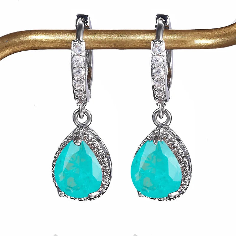 Boucles d'oreilles pendantes argent Sterling 925 en pierres précieuses tourmaline Paraiba brésilienne