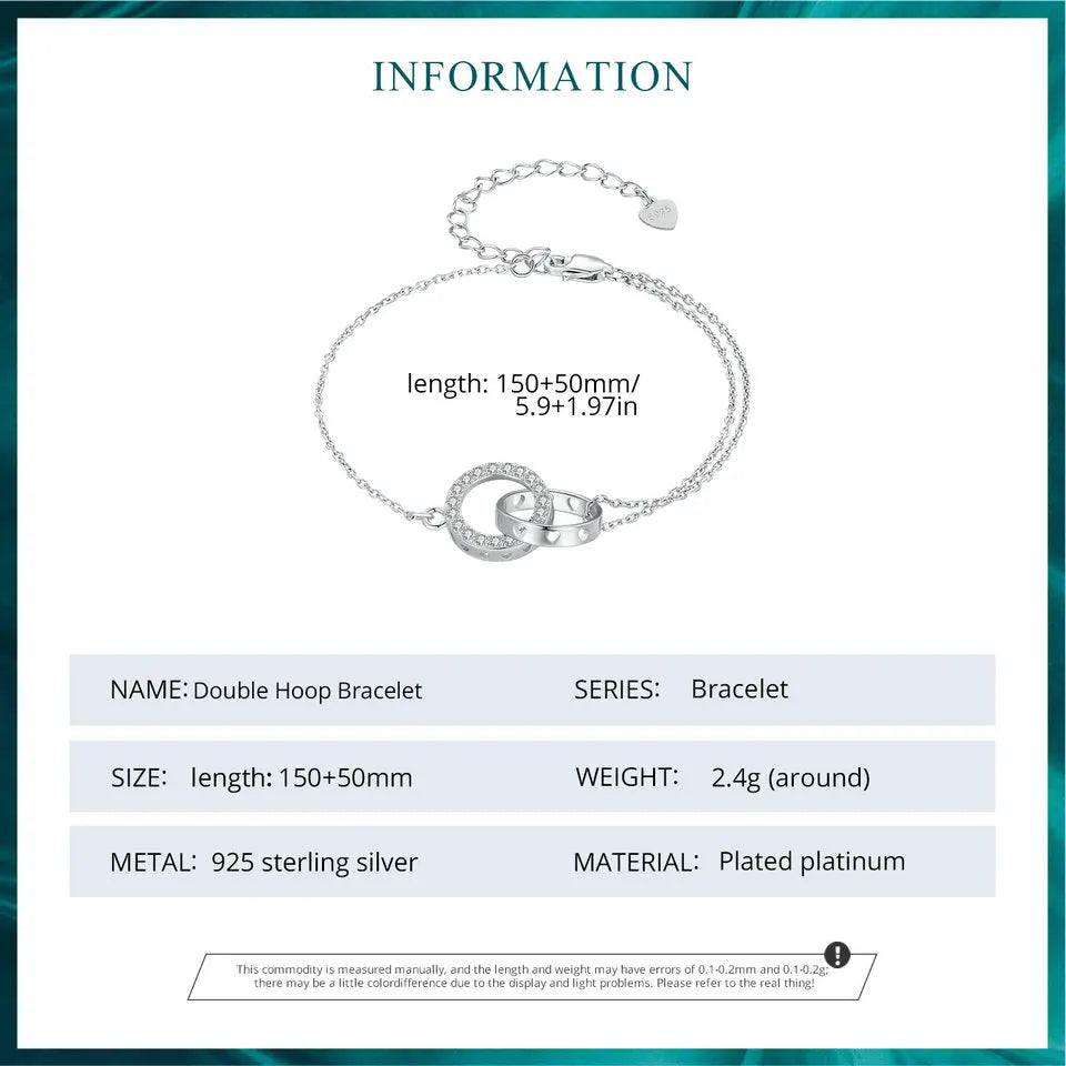 Bracelet  en argent sterling 925 à double cercle, chaîne ajustable, plaqué platine