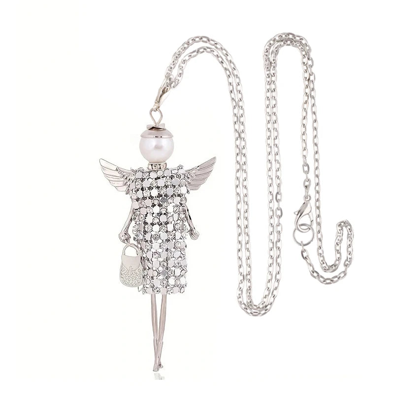 Collier long fait main avec chaîne CZ strass, pendentif en cristal