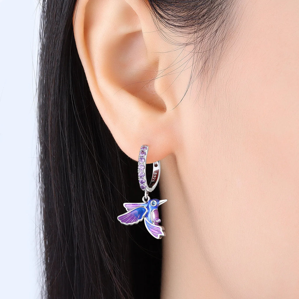Boucles d'oreilles pendantes oiseaux bleu violet en argent sterling 925
