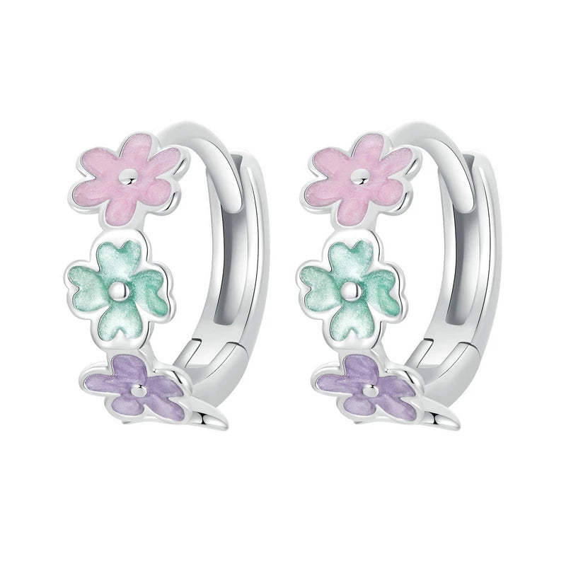 Boucles d'oreilles créoles à fleurs multicolores en argent sterling 925