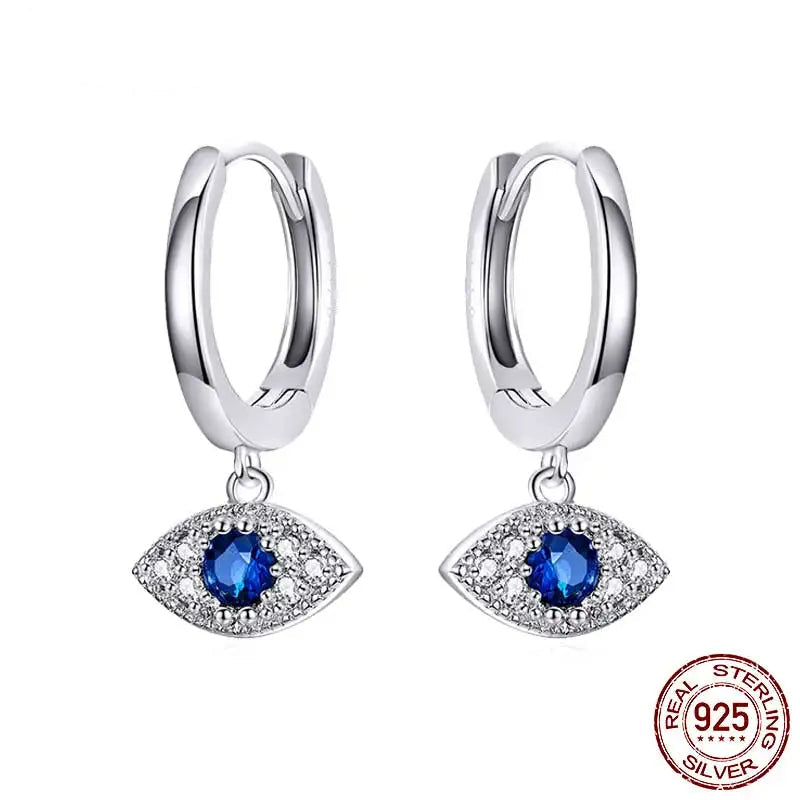 Boucles d'oreilles pendantes œil bleu en argent sterling 925