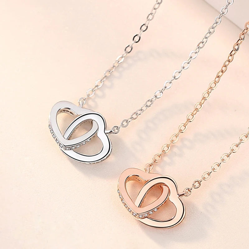 Collier pendentif cœur double, argent sterling 925, strass en or rose