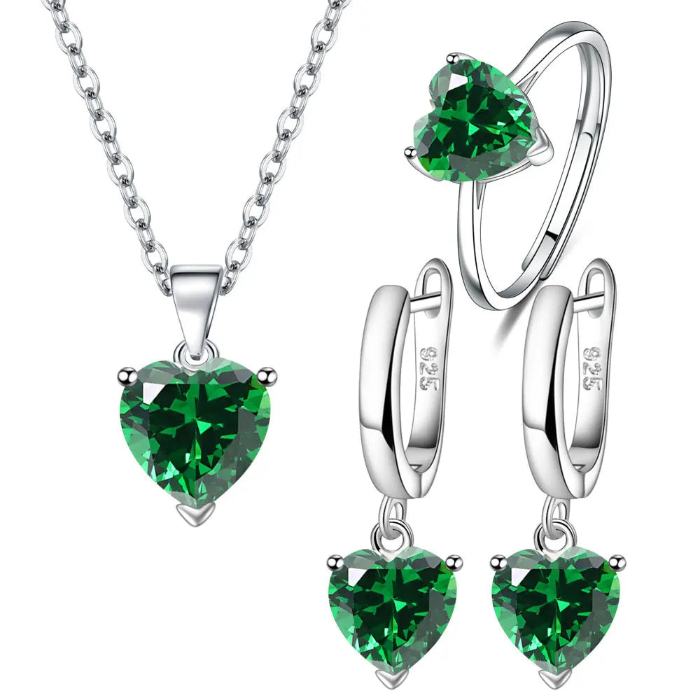 Collier en forme de cœur coloré en argent sterling 925, boucles d'oreilles, bague