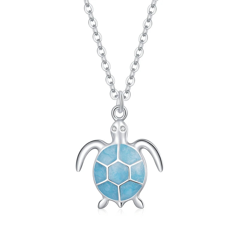 Collier pendentif tortue émail bleu ciel en argent sterling 925 Collier réglable