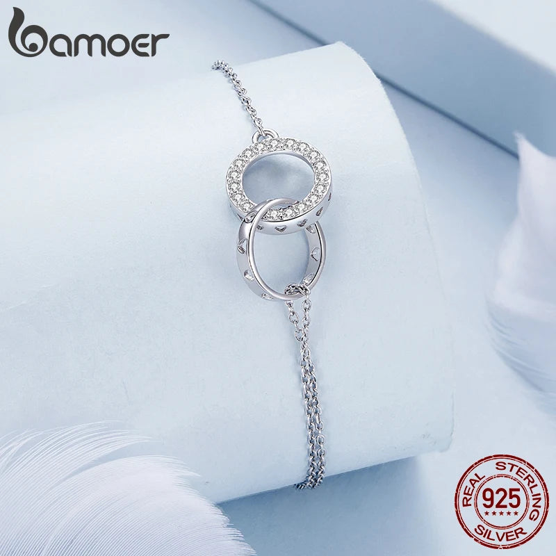 Bracelet  en argent sterling 925 à double cercle, chaîne ajustable, plaqué platine