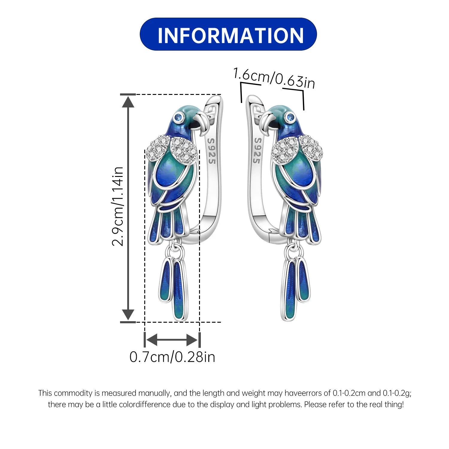 Boucles d'oreilles pendantes oiseaux bleu violet en argent sterling 925