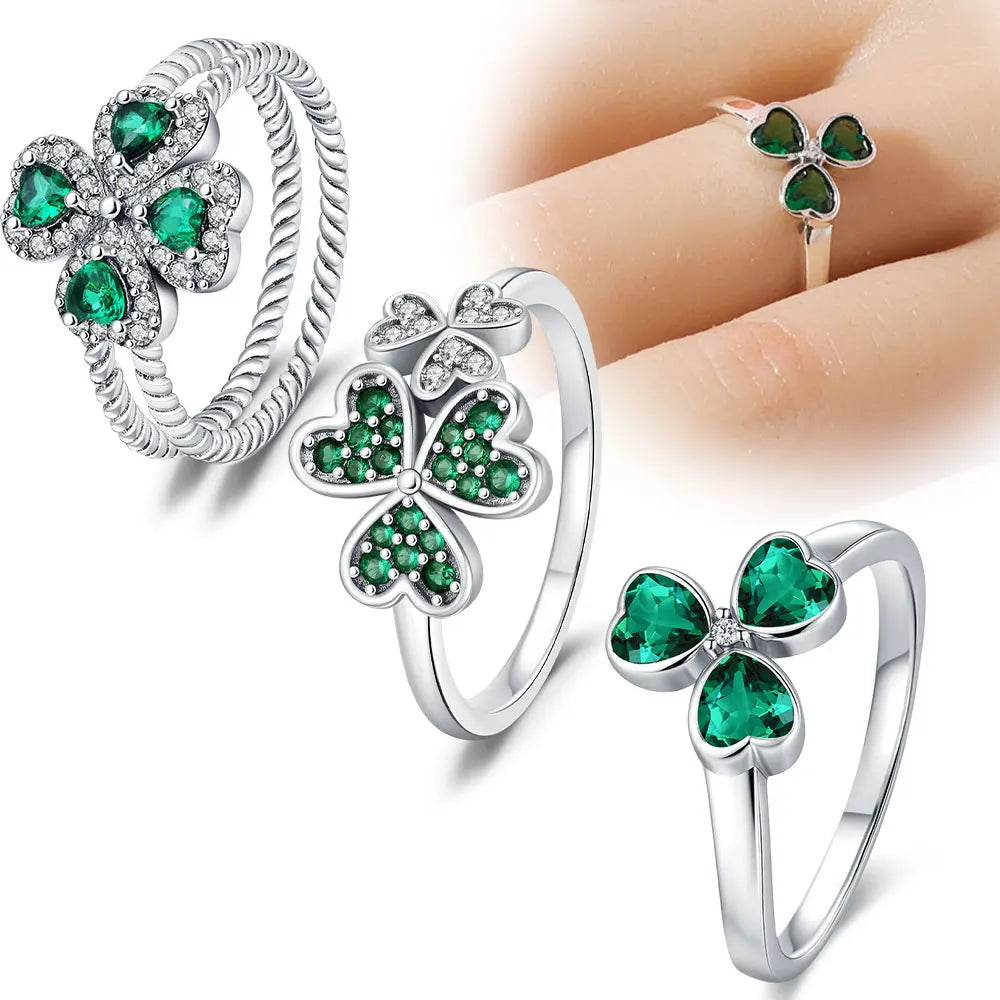 Bague en argent sterling 925 avec zircon, trèfle porte-bonheur