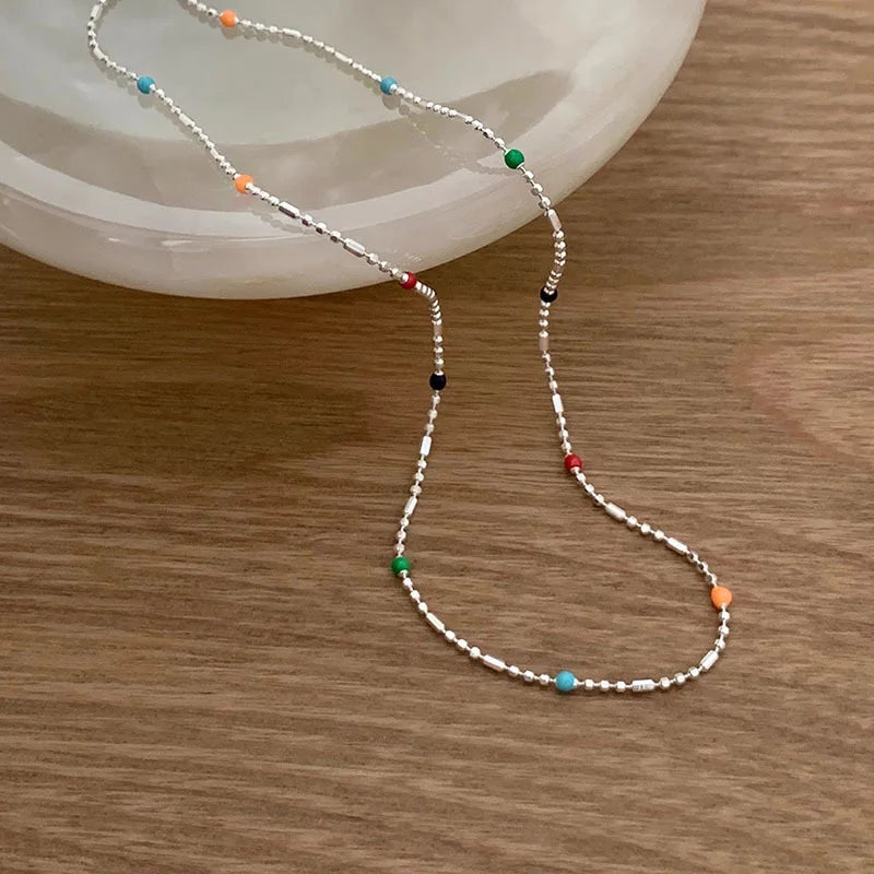 Collier en argent sterling 925 avec perles multicolores géométriques simples