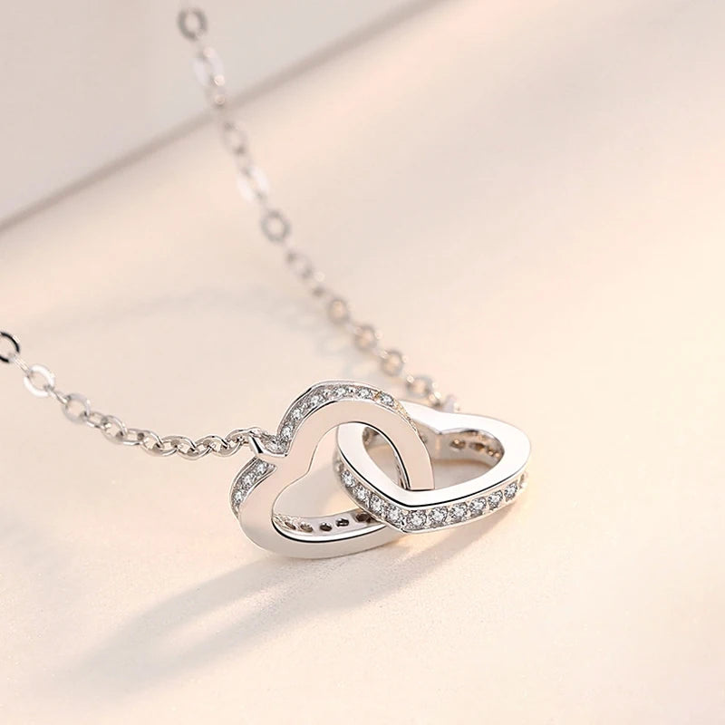 Collier pendentif cœur double, argent sterling 925, strass en or rose