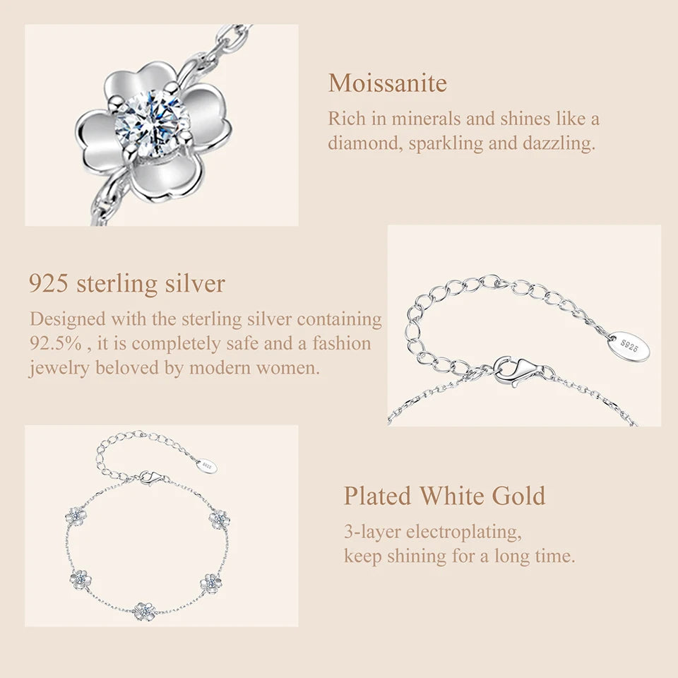 Bracelet en argent sterling 925 avec moissanite en forme de trèfle 0,5 Carat, chaîne à maillons de fleur réglable