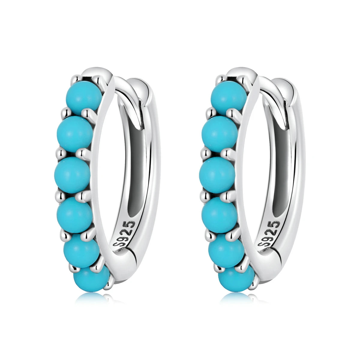 Boucles d'oreilles créoles simples rondes en turquoise  en argent sterling 925