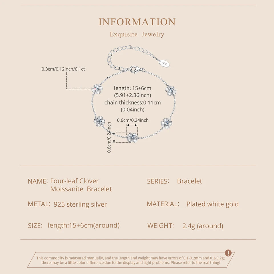 Bracelet en argent sterling 925 avec moissanite en forme de trèfle 0,5 Carat, chaîne à maillons de fleur réglable