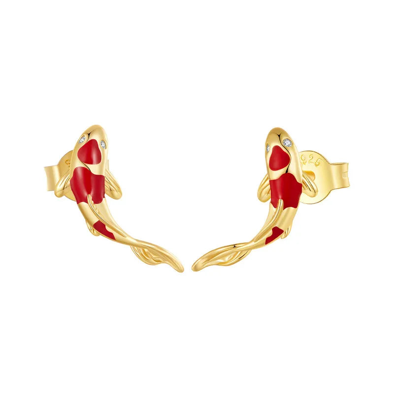 Boucles d'oreilles clous en argent sterling 925 avec poisson Koi carpe rouge