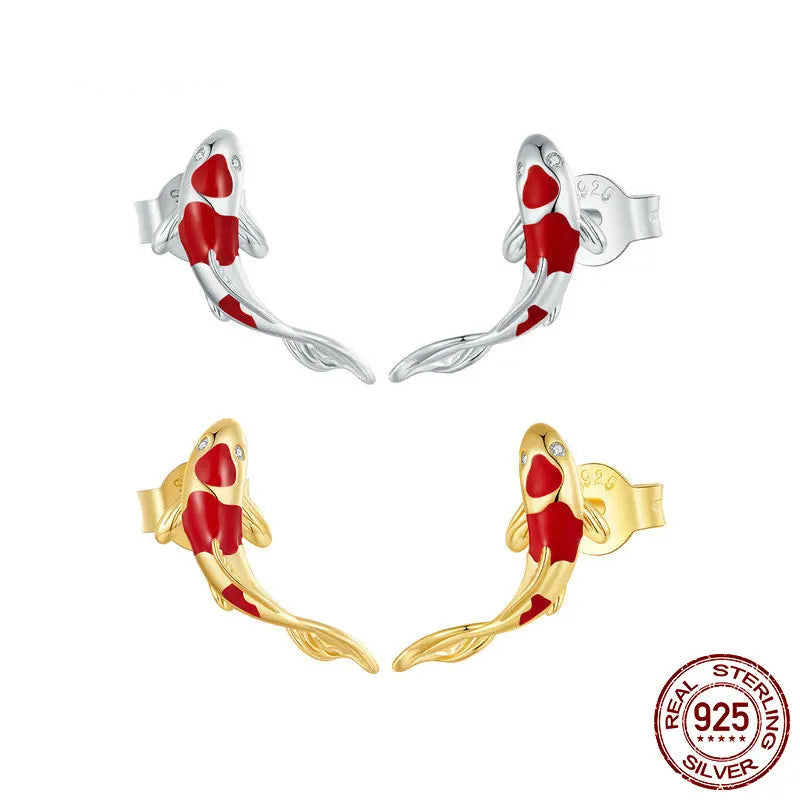 Boucles d'oreilles clous en argent sterling 925 avec poisson Koi carpe rouge