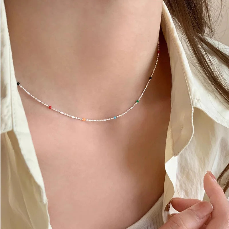 Collier en argent sterling 925 avec perles multicolores géométriques simples