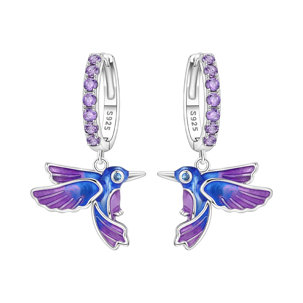 Boucles d'oreilles pendantes oiseaux bleu violet en argent sterling 925