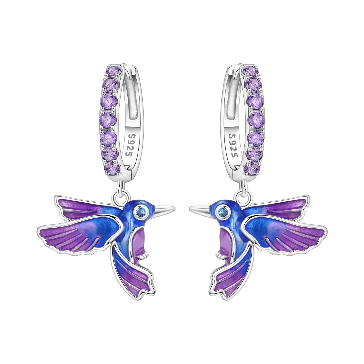Boucles d'oreilles pendantes oiseaux bleu violet en argent sterling 925