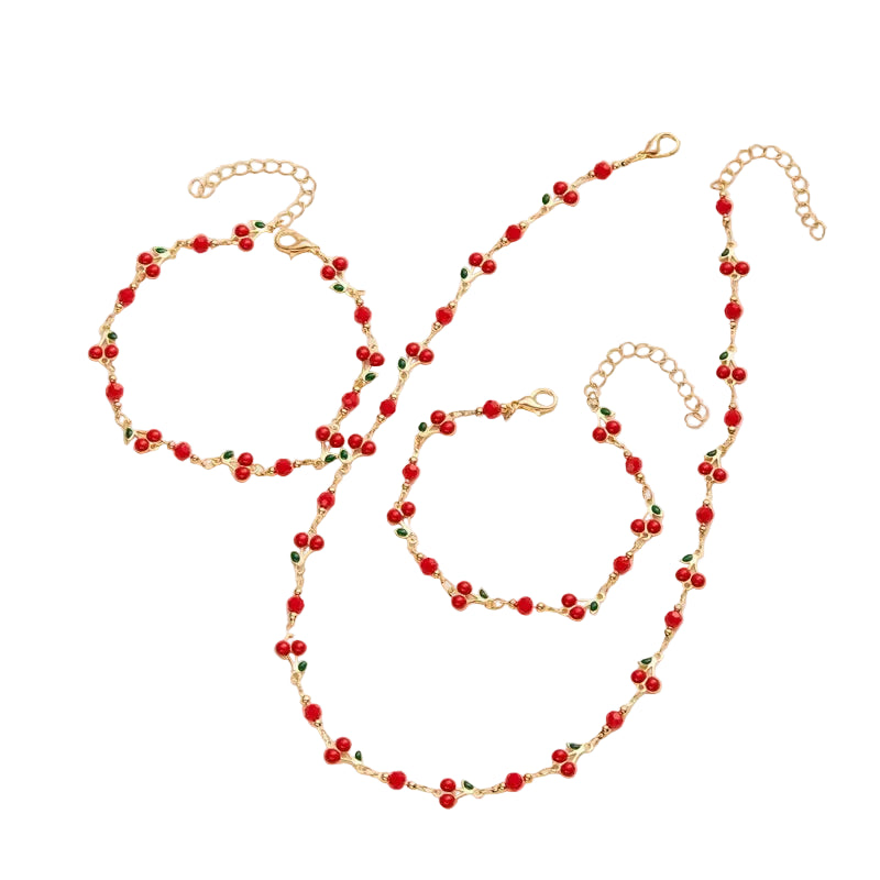 Bracelet ensemble pendentif cerise rouge, bracelet de cheville, collier