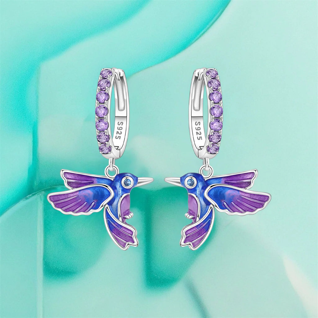 Boucles d'oreilles pendantes oiseaux bleu violet en argent sterling 925