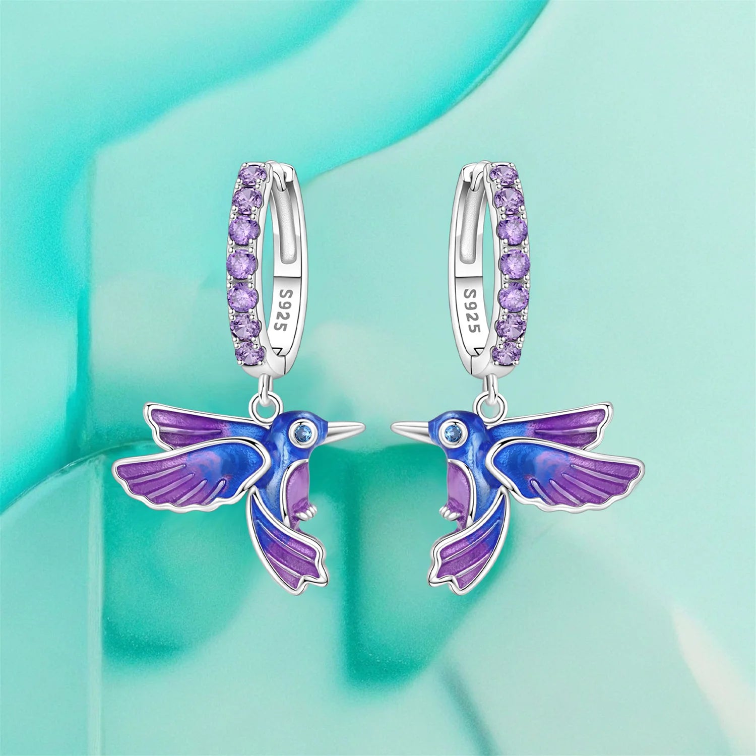 Boucles d'oreilles pendantes oiseaux bleu violet en argent sterling 925
