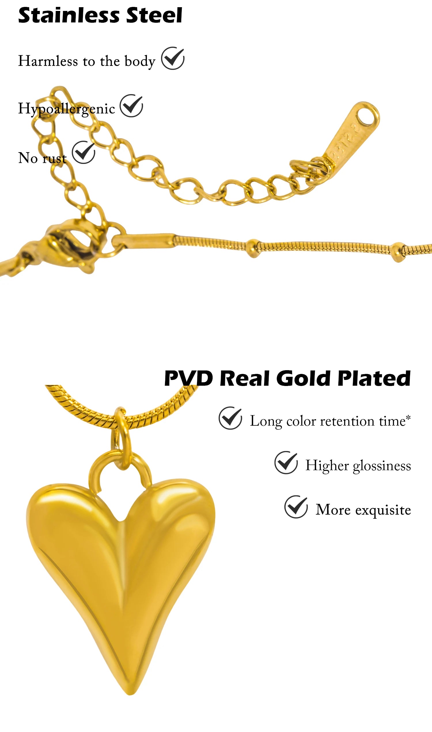 Collier pendentif en forme de cœur bijou plaqué or 18 carats