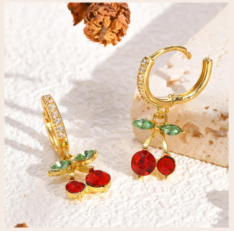 Boucles d'oreilles pendantes cerise plaqué or pour femmes