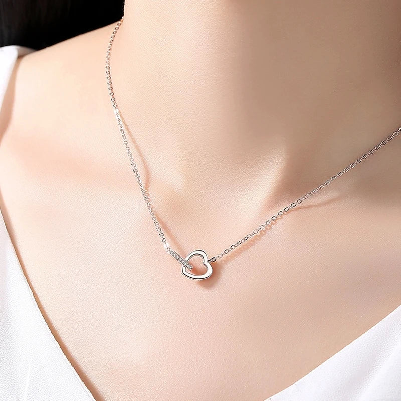 Collier pendentif cœur double, argent sterling 925, strass en or rose