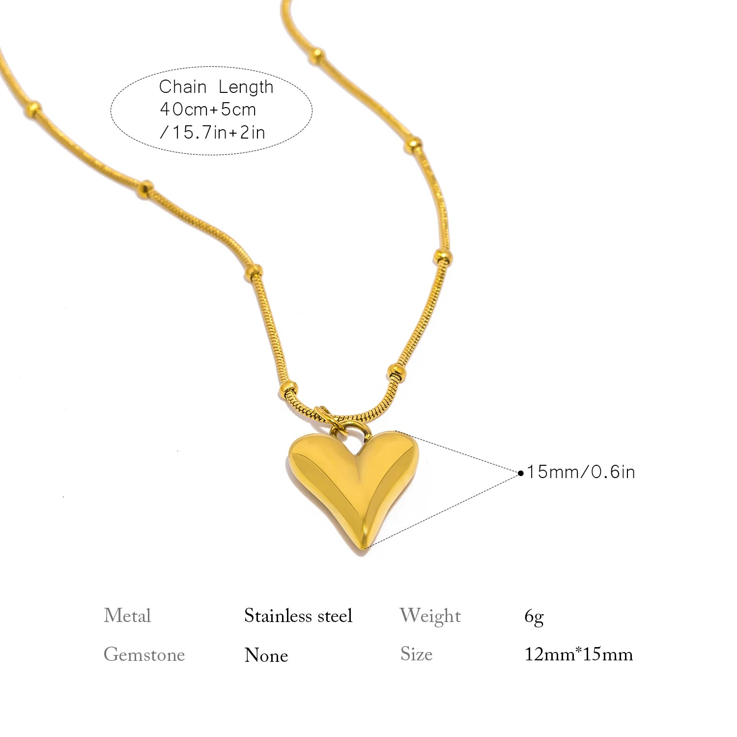 Collier pendentif en forme de cœur bijou plaqué or 18 carats