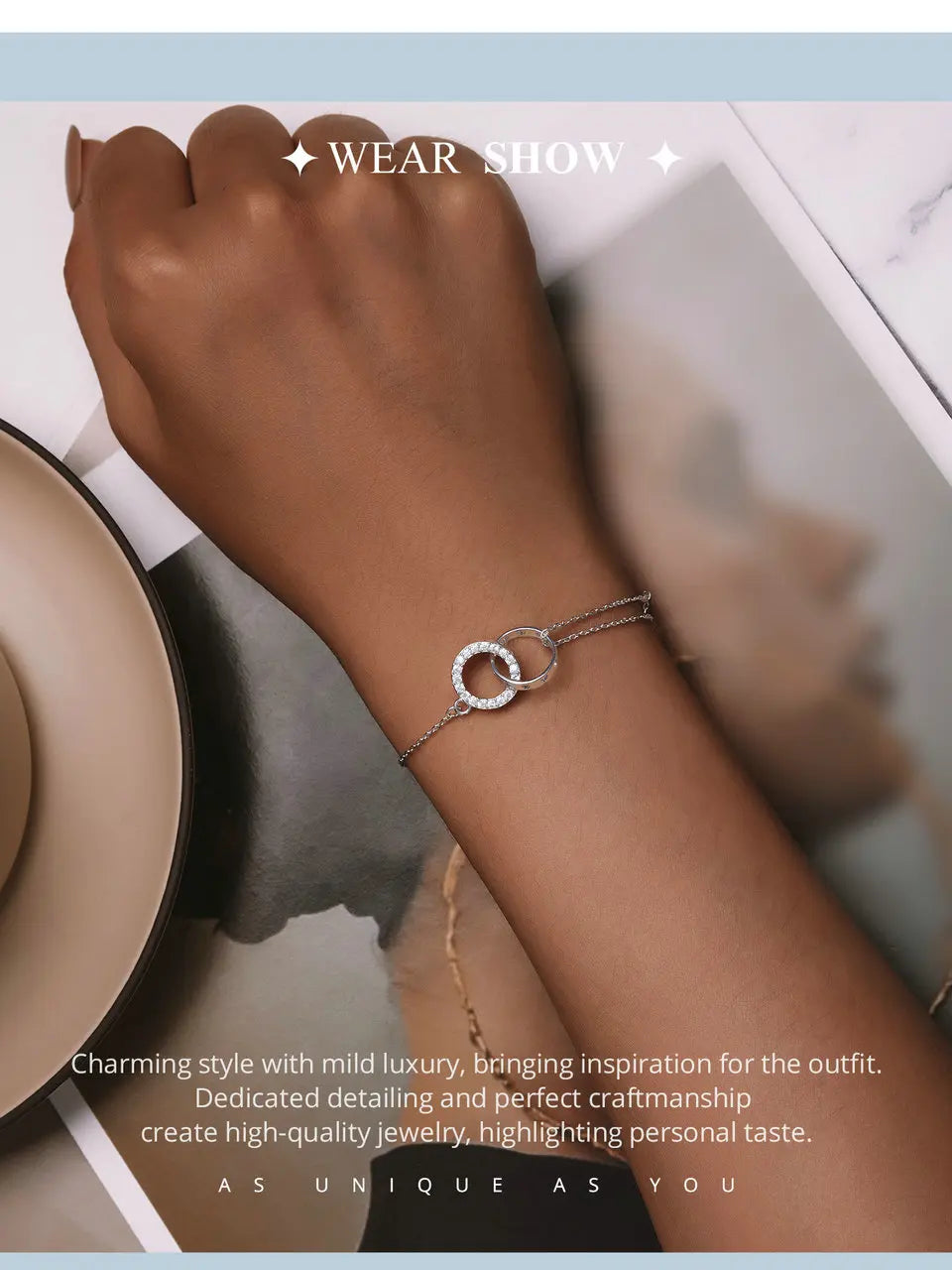 Bracelet  en argent sterling 925 à double cercle, chaîne ajustable, plaqué platine