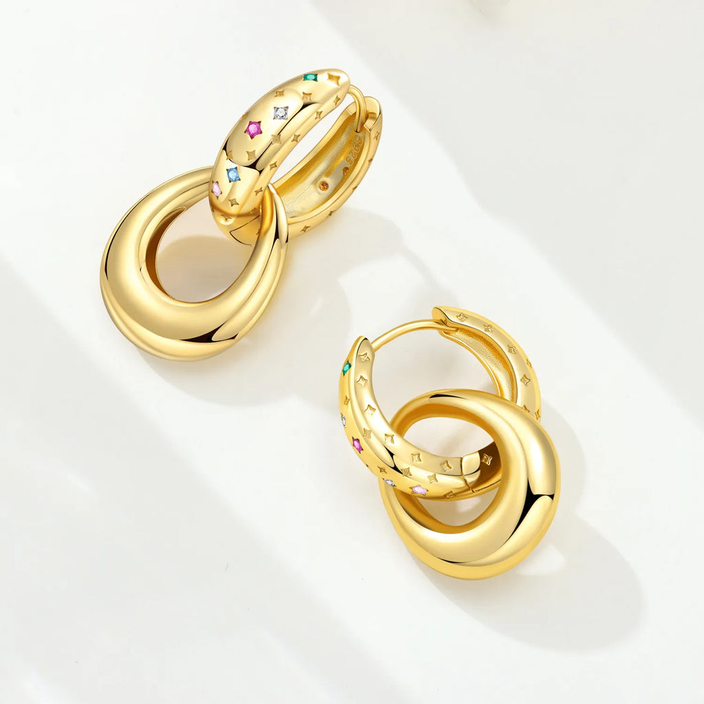 Boucles d'oreilles étoiles à double anneaux plaqué or 18K