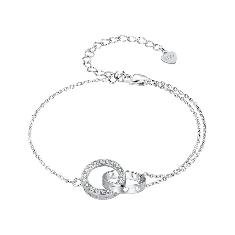 Bracelet  en argent sterling 925 à double cercle, chaîne ajustable, plaqué platine