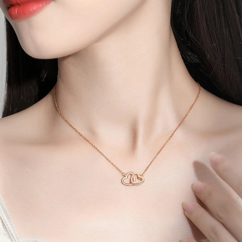 Collier pendentif cœur double, argent sterling 925, strass en or rose
