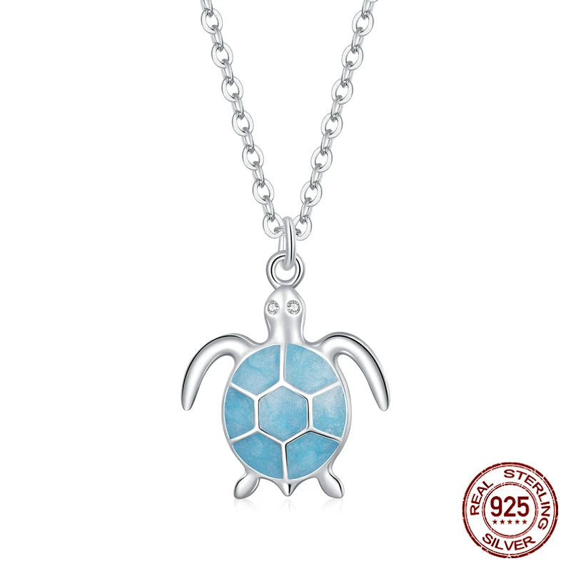Collier pendentif tortue émail bleu ciel en argent sterling 925 Collier réglable