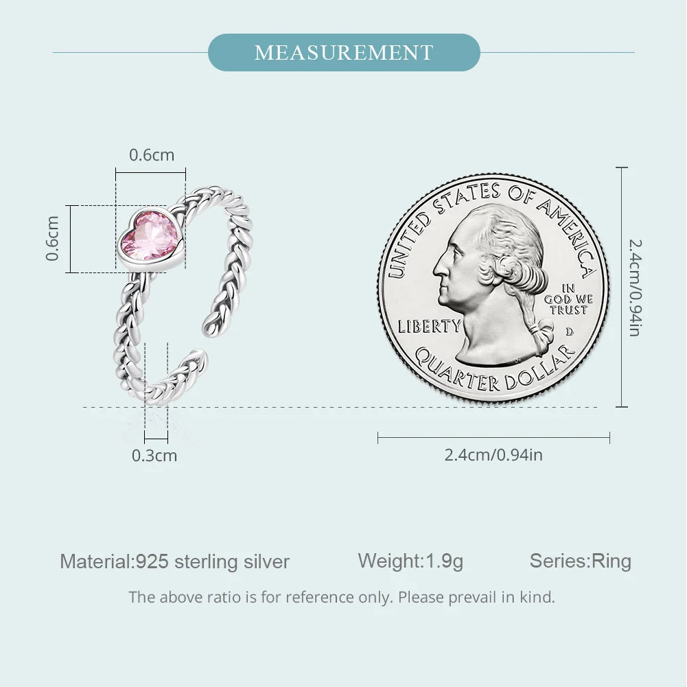 Bague en argent sterling 925 à texture tressée cœur