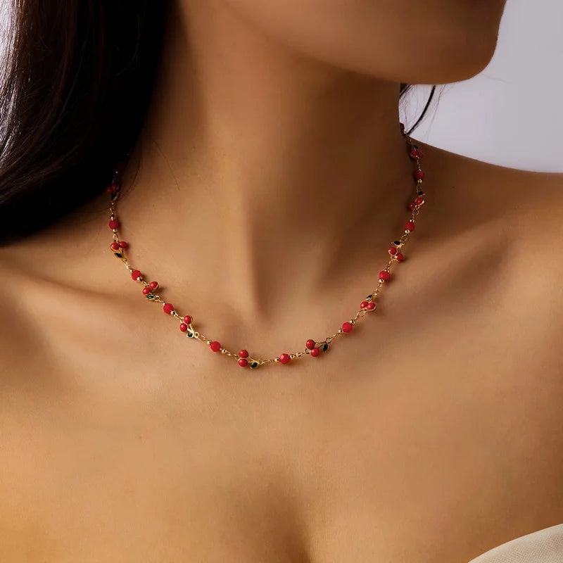 Bracelet ensemble pendentif cerise rouge, bracelet de cheville, collier